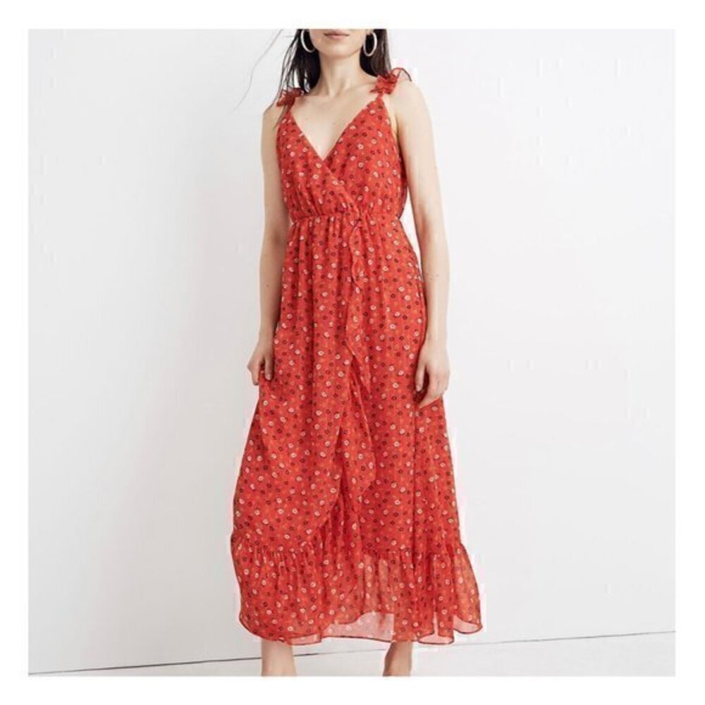 Madewell Ruffle-Strap Wrap Dress in Metallic-Striped Prairie Posies Size 2